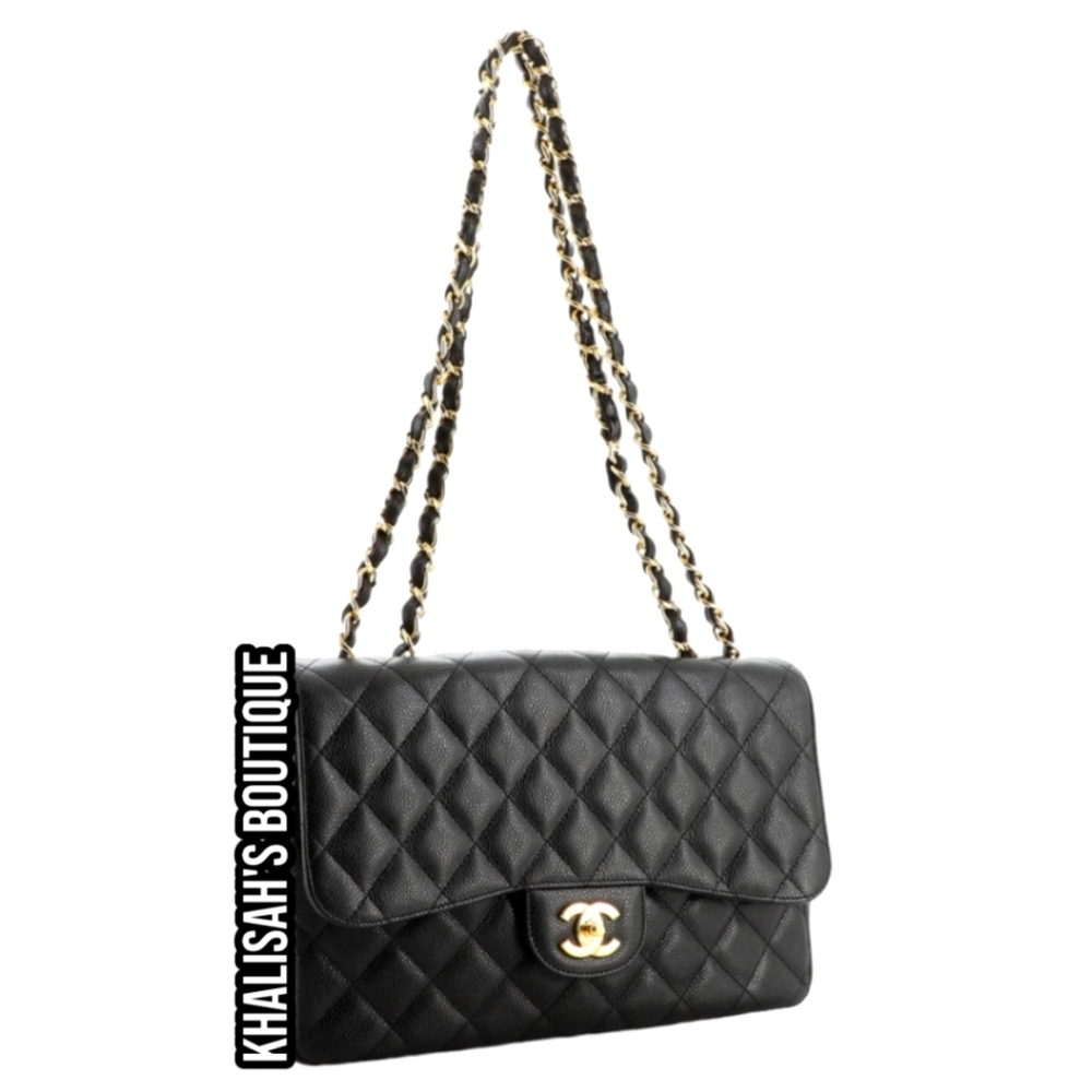 Rare! Chanel CC 24 kt Gold HW Classic Single Flap Bag Quilted BLACK Caviar JUMBO - Picture 6 of 16